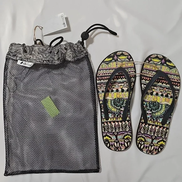 Sakroots Neon One World Encore Flip Flops Sandals - Picture 8 of 11